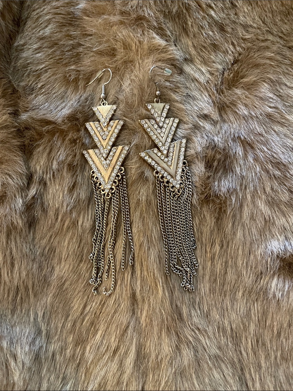 New York & Company Gold Chevron Crystal Tassel Drop Earrings